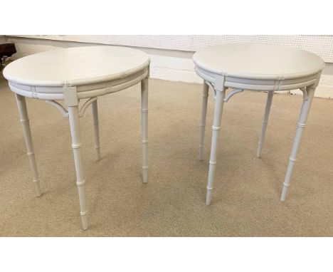 FAUX BAMBOO LAMP TABLES, a pair, Regency design, traditionally grey painted, 70cm H x 60cm Dia. (2)