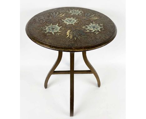 OCCASIONAL TABLE, central European, circa 1900 gilt finish with folk art painted blue thistles and poker work top on stretche