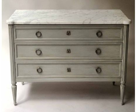 COMMODE, French Louis XVI style grey painted and silvered metal mounted with three long drawers and tapering supports, 104cm 