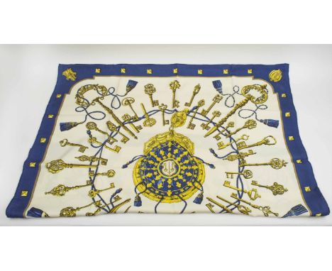 HERMÈS SCARF, 'Les clefs' of 'The keys', by Caty Latham, blue and gold, first issued in 1965 and reissued numerous times, sil