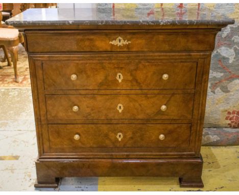 HALL COMMODE, 19th century French Louis Philippe burr walnut and gilt metal mounted with marble top above four long drawers.