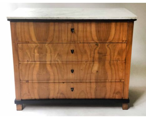 BIEDERMEIER COMMODE, early 19th century birch and ebony with white marble top and fitted secretaire drawer above three long d