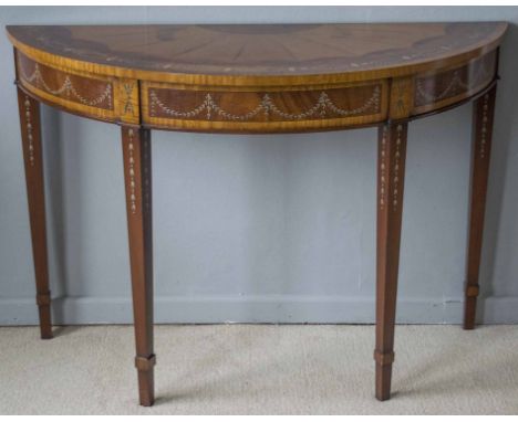 DEMI-LUNE CONSOLE TABLE, 20th century satinwood, mahogany and painted in George III style fan decorated with swags and bell f