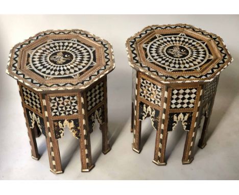 MOORISH LAMP TABLES, a pair, octagonal bone and mother of pearl inset with stellar panelled writing and conforming mihrab bas