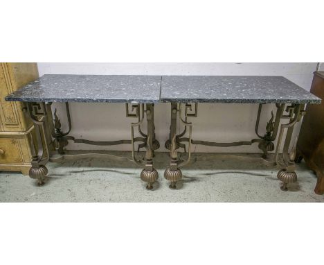 CONSOLE TABLES, a pair, Art Deco manner bronzed metal with rectangular verde antico marble tops, 83cm H x 111cm x 69cm. (2)