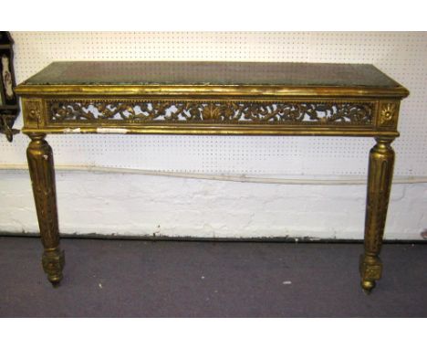 CONSOLE TABLE, 19th century, giltwood, with verde antico and griotte marble top above a pierced frieze on fluted front legs, 