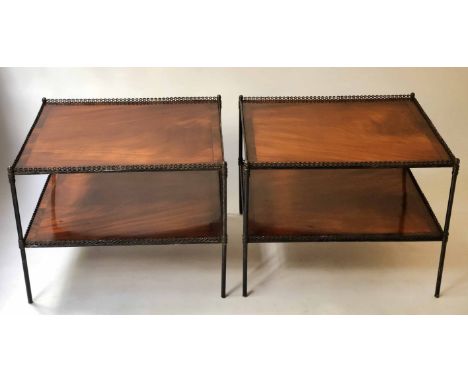 LAMP TABLES, a pair, rectangular flame mahogany and crossbanded with silvered pierced metal gallery and matching undertier, 7