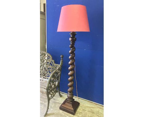 STANDARD LAMP, adapted George III mahogany barley twist tochere, with a pink parchment Pooky shade, 173cm H. (slight faults)