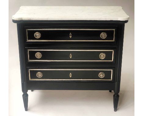 DIRECTOIRE STYLE COMMODE, French ebonised and silvered metal mounted, with three long drawers and shaped white veined Carrara