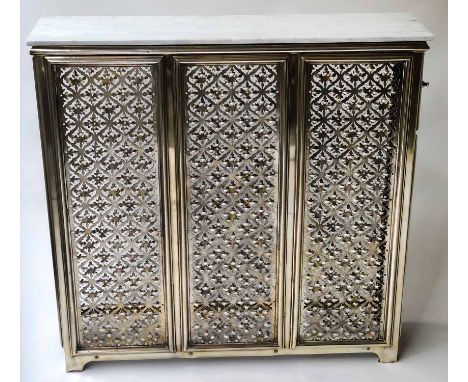 CONSOLE TABLE, 19th century French silvered brass with later rectangular white marble top and trellis support, 92cm H x 92cm 