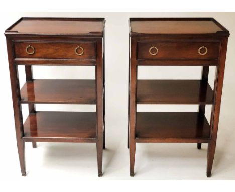 BEDSIDE/LAMP TABLES, a pair, French Directoire style mahogany with galleried top, frieze drawer and two undertiers on brass t