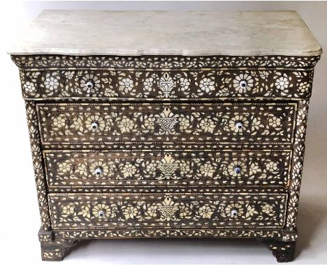 SYRIAN COMMODE, 19th century Moorish hardwood, allover silvered metal inlaid, mother of pearl and bone inset with serpentine 
