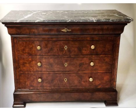 COMMODE, 19th century French Louis Philippe burr walnut and gilt metal mounted with four long drawers and St Annes variegated