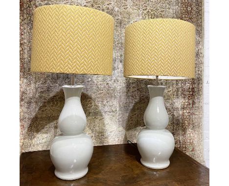 TABLE LAMPS, a pair, Vaughan style, blanc de chine ceramic double gourd vase form with patterned chevron shades, 74cm H. (2)