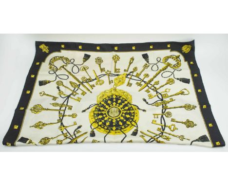 HERMÈS SCARF, 'Les clefs' of 'The keys', by Caty Latham, black and gold, first issued in 1965 and reissued numerous times, si