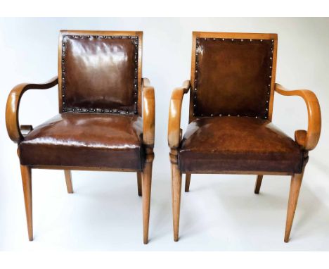 BRIDGE ARMCHAIRS, a pair, Art Deco brass studded hand dyed leather upholstered and polished birch frames, 54cm W. (2)