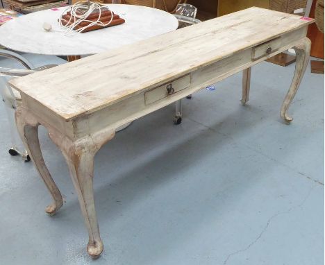 CONSOLE TABLE, French provincial style bleached wood, two drawers, with love heart detail, 183cm x 48cm x 78cm.