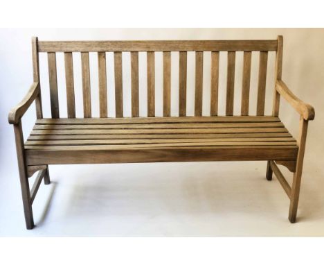 GARDEN BENCH, weathered teak of slatted construction, 137cm W.