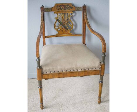OPEN ARMCHAIR, George III design satinwood, circa 1890, with a carved and painted lyre back with torch, quiver and arrow deta