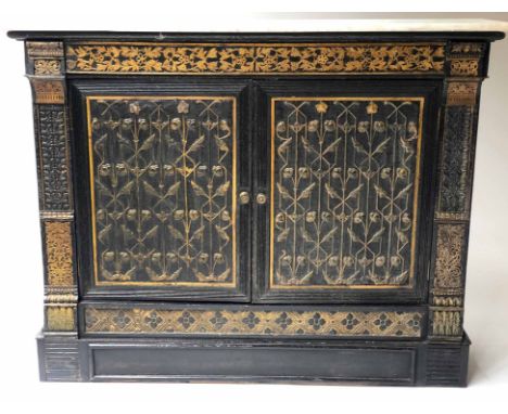 SIDE CABINET, 19th century Art Nouveau style painted and gilded of Neo Classical form with two doors enclosing shelves, 114cm