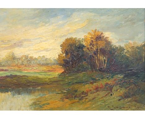 Groß-Sattelmair, Karl ( K. Sattelmair), ca 1870-1930 Tätig in Mchn.: "Heidemoor" bei Dachau /MünchenAkademiebord auf Leinwand