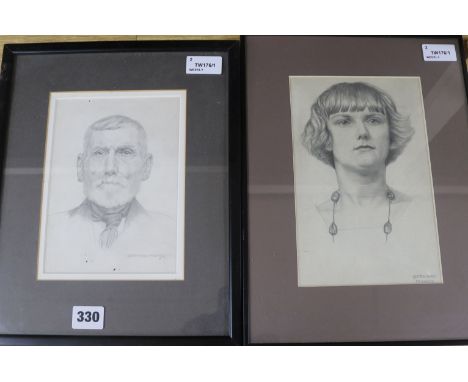 John Bernard Munns (1869-1942), a pencil portrait of a young lady and another of an elderly man, signed, largest 23 x 15cm