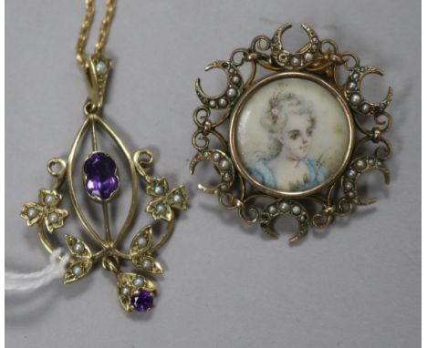 An amethyst and seed pearl-set openwork pendant on 9ct gold fine neck chain and a portrait miniature in 9ct gold mount (a.f)