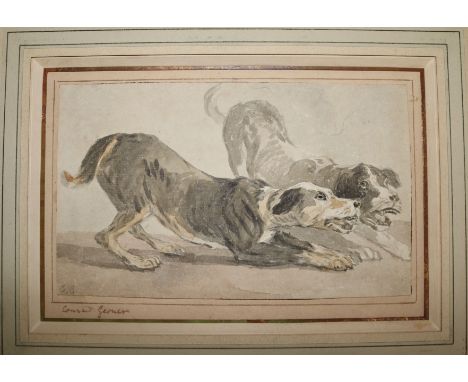 Old Master, watercolour, two dogs, signed Conrad Desmond?, 16 x 23cm