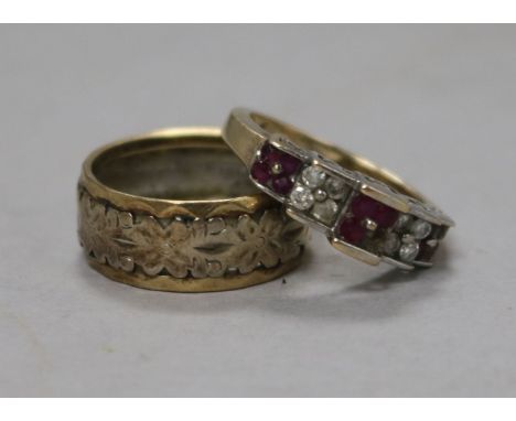 A ruby and diamond set ring, stamped 9kt and a two colour 9ct gold band