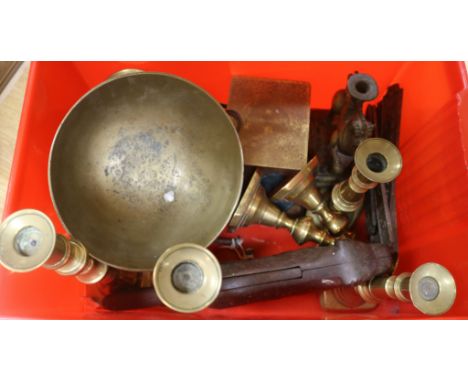 A quantity of brassware to include three pairs candlesticks, a set of post office scales and weights, etc.