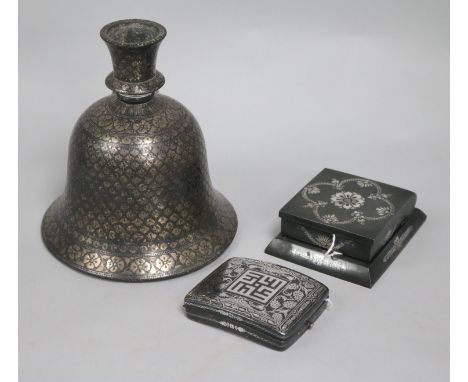 An Indian Bidri hookah base, and two other items of Bidri ware, comprising a flower-decorated cigarette case and a similar do