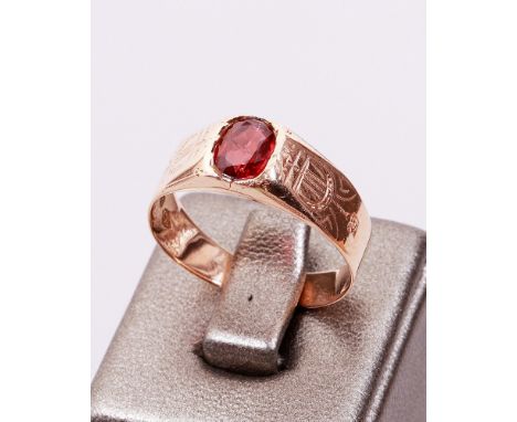 Art Deco Ring 585er Rotgold, Lyra-Gravur, Turmalin mit schönen Einschlussbild, ca. 2,5g, RG 58, Tragespuren