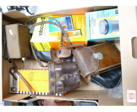 A mixed collection of items to include: Vintage  Binoculars, Leather cased bellows Kodak Camera, Processing equipment etc 