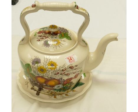 Spode large ceramic kettle and stand: decorated with flowers and fruits. height 29cm 