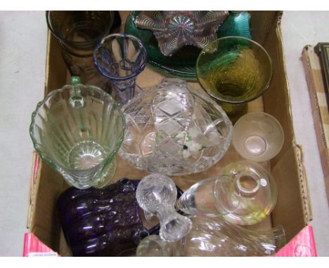 A mixed collection of glass ware: carnival glass bowl, uranium glass bowls, vases etc (1 tray). 