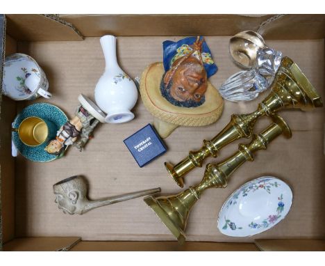 A mixed collection of items to include: Brass Candlesticks, Royal Worcester Turquoise Coffee Can &amp; Saucer, Bossons Head, 