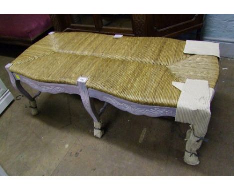 Painted wood and rush seated bench: 124cm long x 47cm high x 57cm depth 