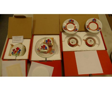 Wedgwood Clarice cliffe bizarre crocus patterned tea for two: two cups &amp; saucers, teapot, milk jug sugar bowl limited edi