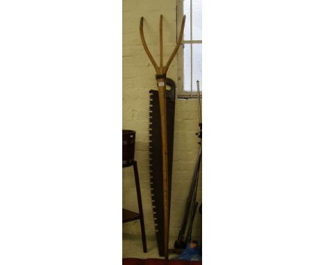 Large Vintage Cross Cut Saw: and wooden hay fork(2) 