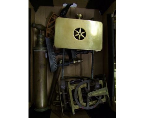 A collection of  brass ware to include: cylinder pump, postage scales, stove irons, fireside stands etc 