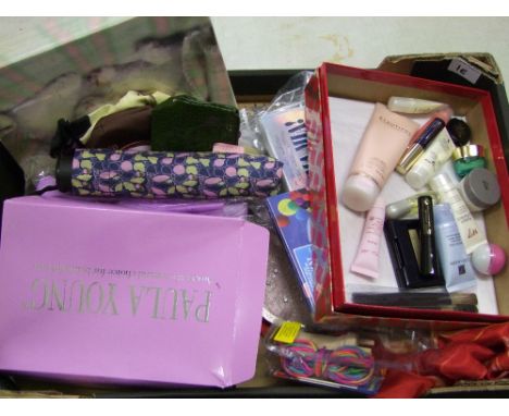 A mixed collection of items: to include ladies scarves, boxed wig, clutch bags, make up etc (1 tray). 