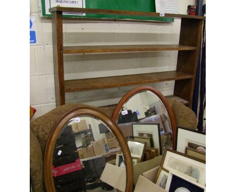 Oak six shelf open book case: together with two wood framed bevel edged oval mirrors. Height 142cm x width 119xm depth 26cm 