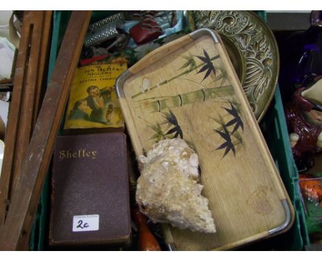 A mixed collection of items: including wooden easel, brass wall plaque, vintage darts etc (1 tray). 