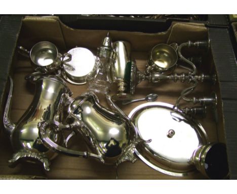 A collection of silver plated items to include:  Teapots, Coasters, Candlestick etc 