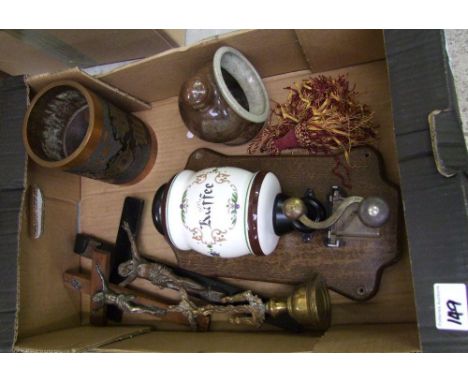 A  mixed collection of items to include: a wall mounted coffee grinder, salt glazed pot, religious items etc 