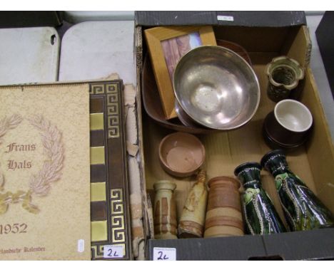 A mixed collection of items: including a chess board, studio pottery item, vintage calendar etc (1 tray). 