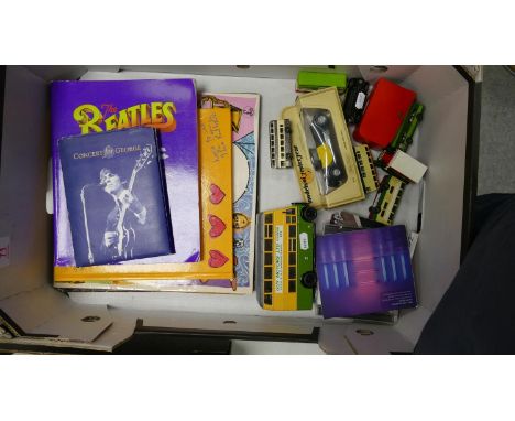 A collection of items to include: Beatles, records and books, cd's together with model toy cars to include corgi ( 1 tray) 
