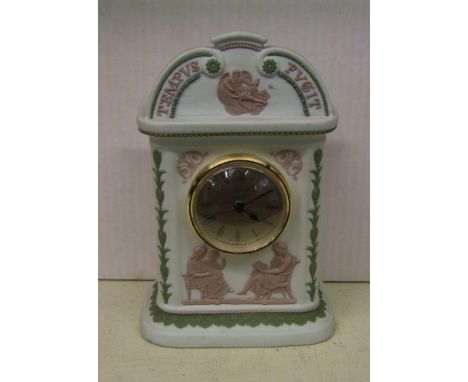 Wedgwood tri colour Tempus Fugit mantle clock: green, lilac and white with a modern clock movement ( some loss to relief on t