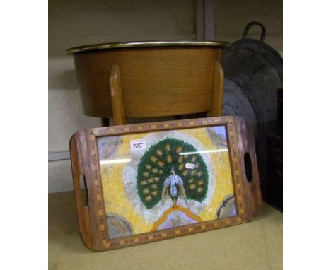 A small wooden inlaid tray with peacock design: together with a vintage sewing box (2) 