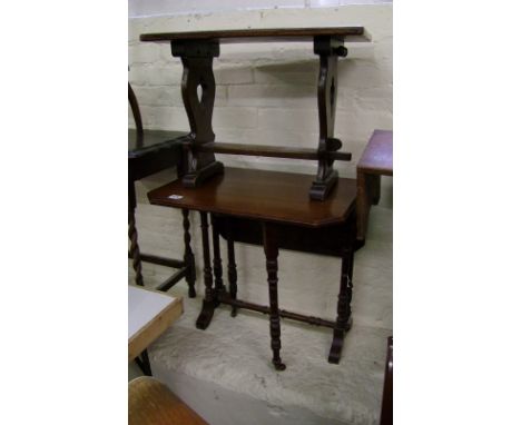 Mahogany drop leaf sutherland table: together with a small dark wood bench (2) 